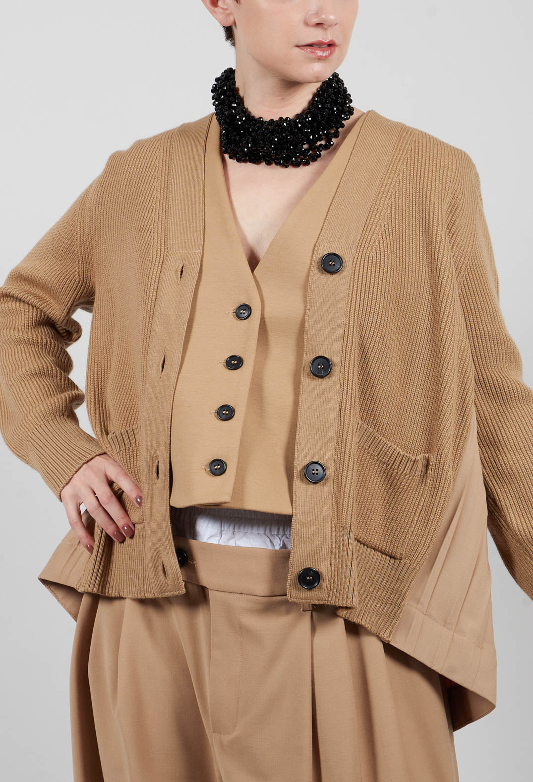 Back Pleated Cardigan in Camel