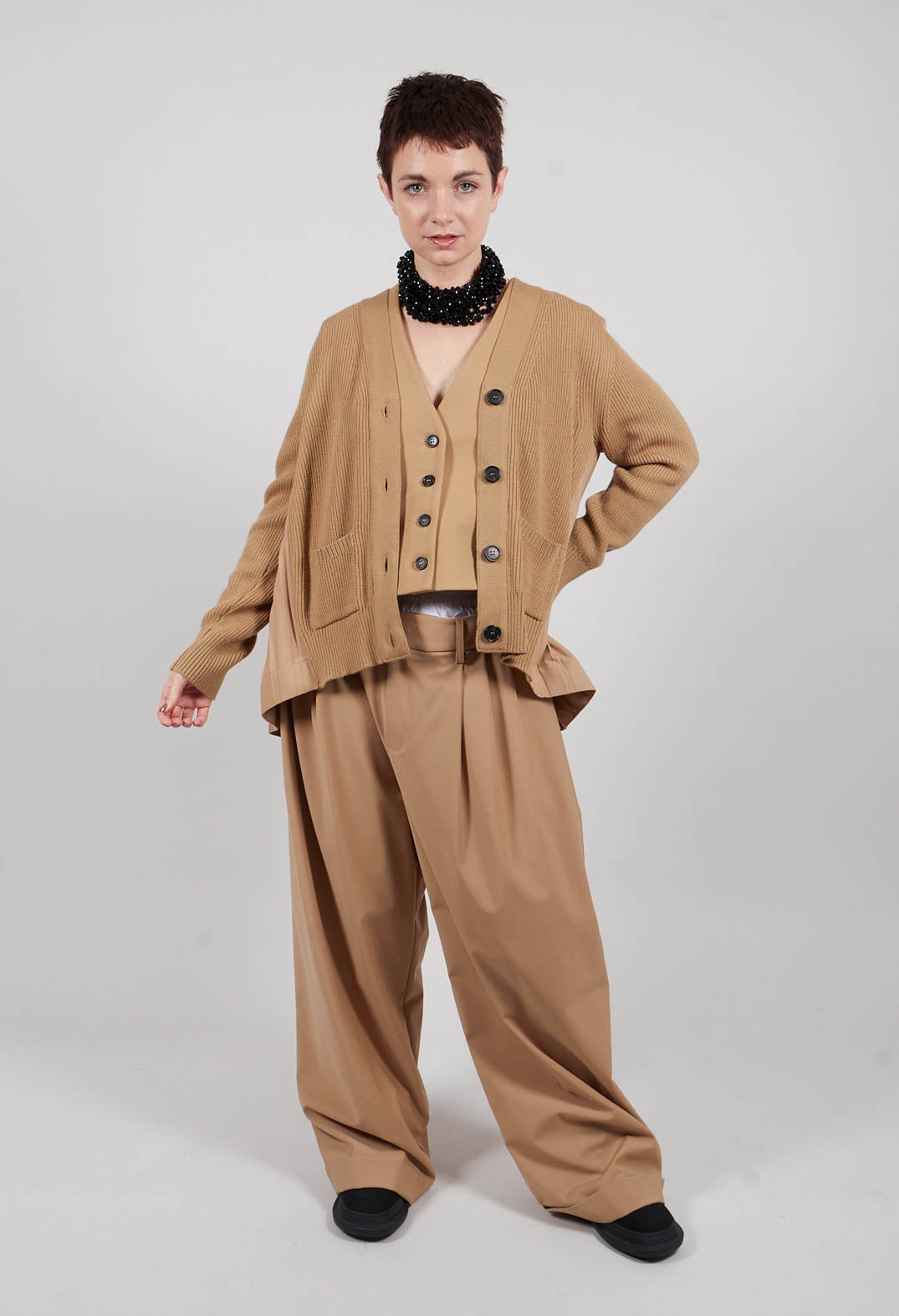 Back Pleated Cardigan in Camel