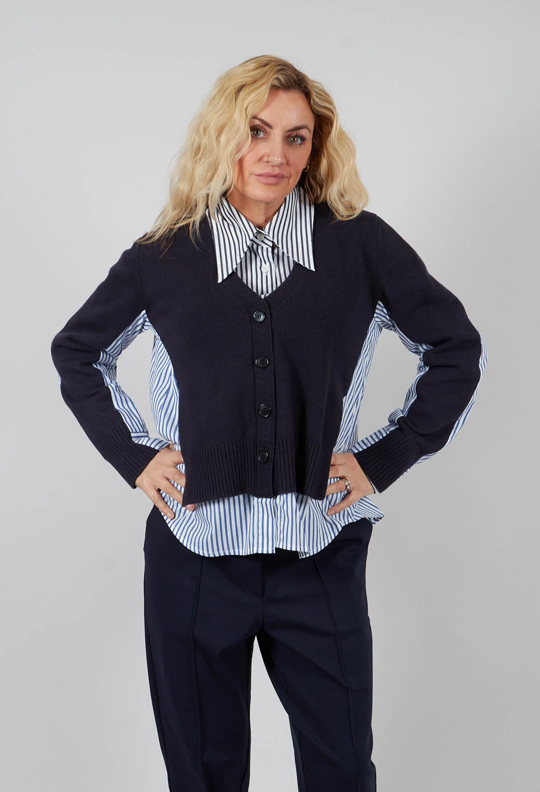 Panelled Stripe Shirt in Dark Navy and Off White