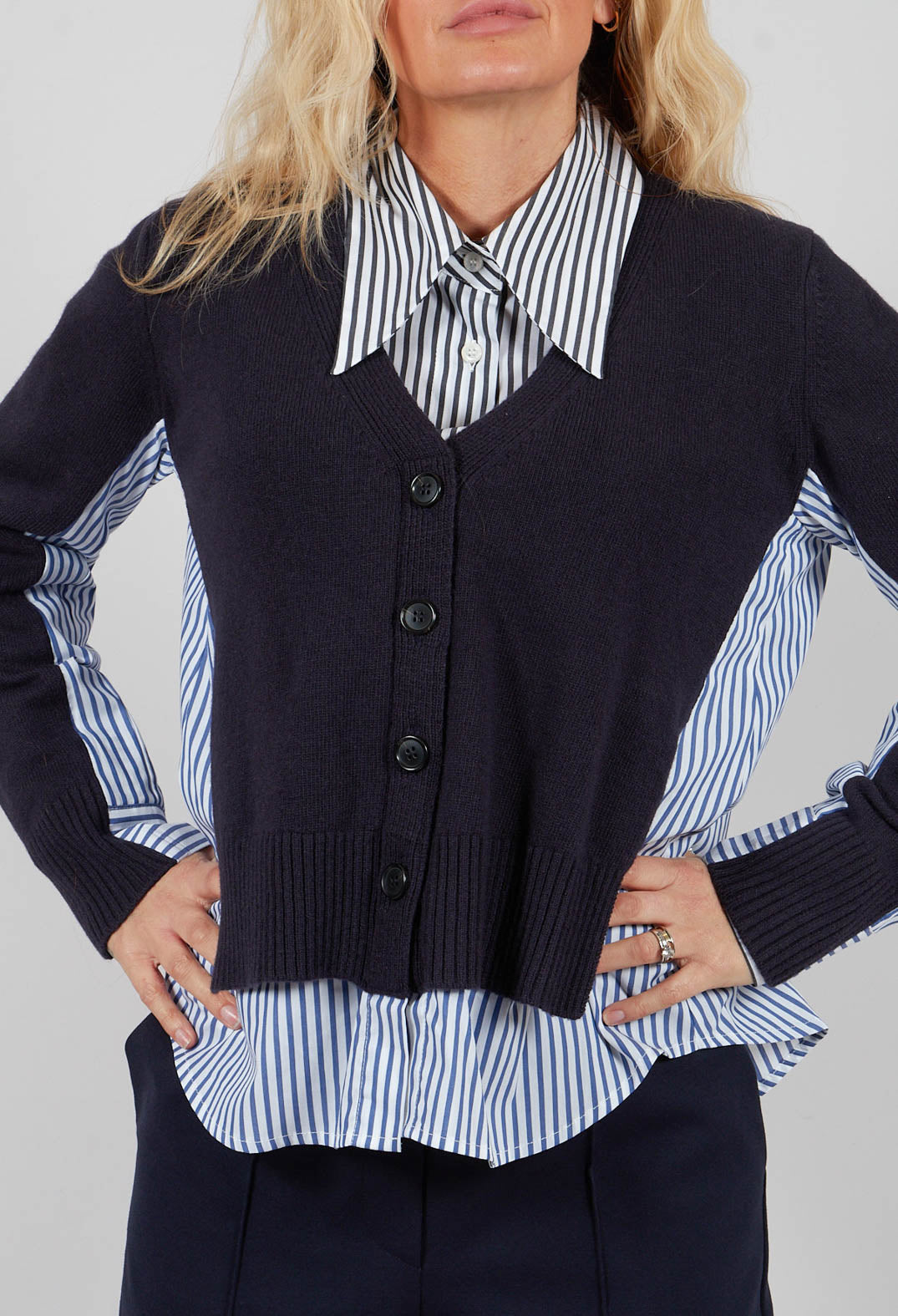 Panelled Stripe Shirt in Dark Navy and Off White