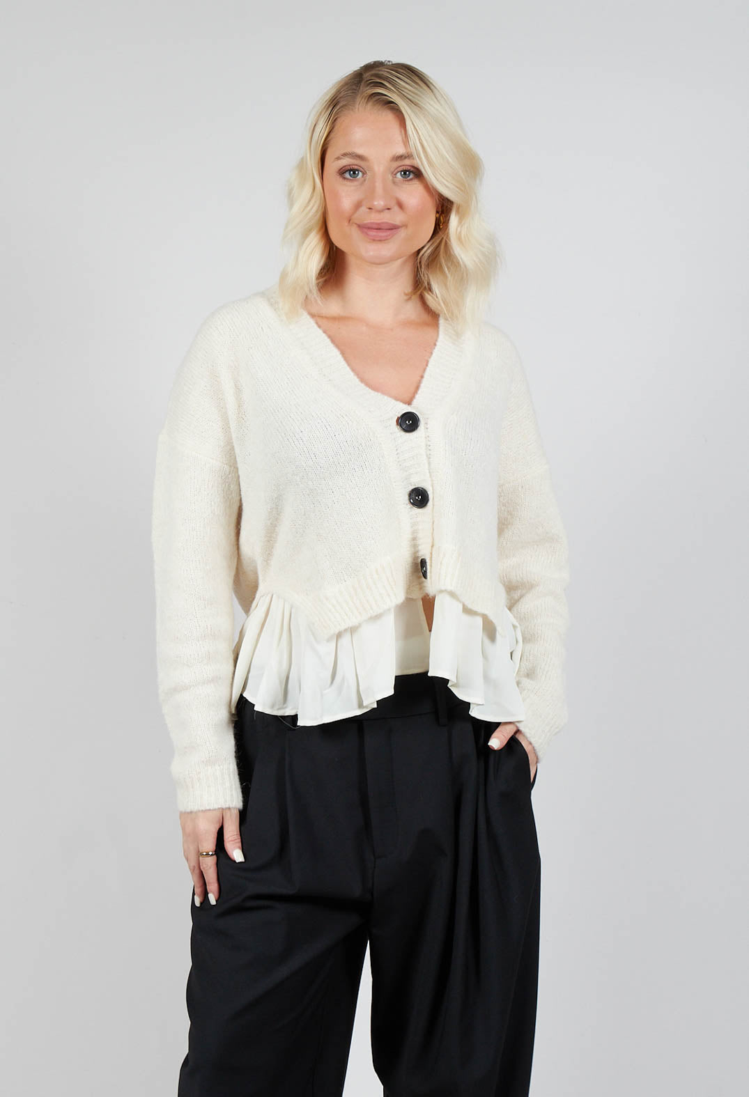 Knitted Cardigan with Frill Hem in White Wool