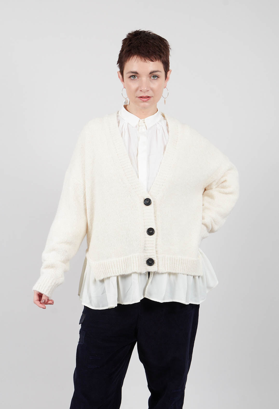 Mei Meij Knitted Cardigan with Frill Hem in White Wool – Olivia May