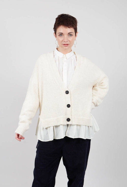 Knitted Cardigan with Frill Hem in White Wool
