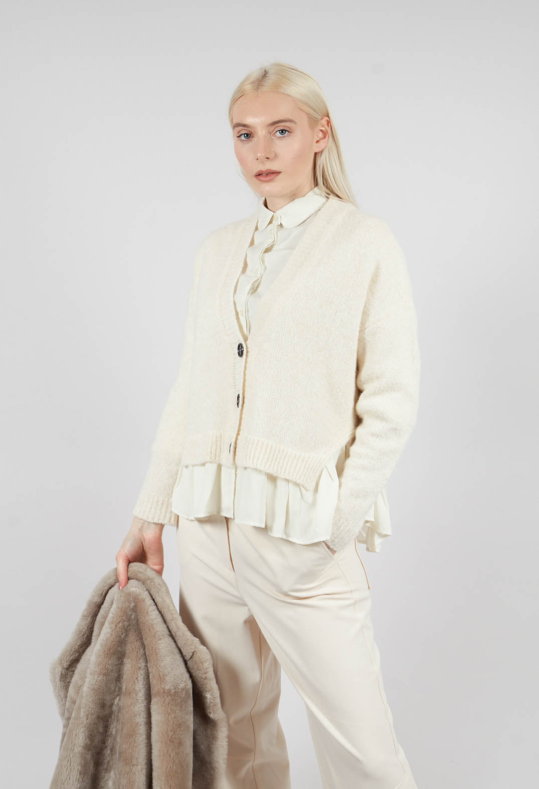 Knitted Cardigan with Frill Hem in White Wool