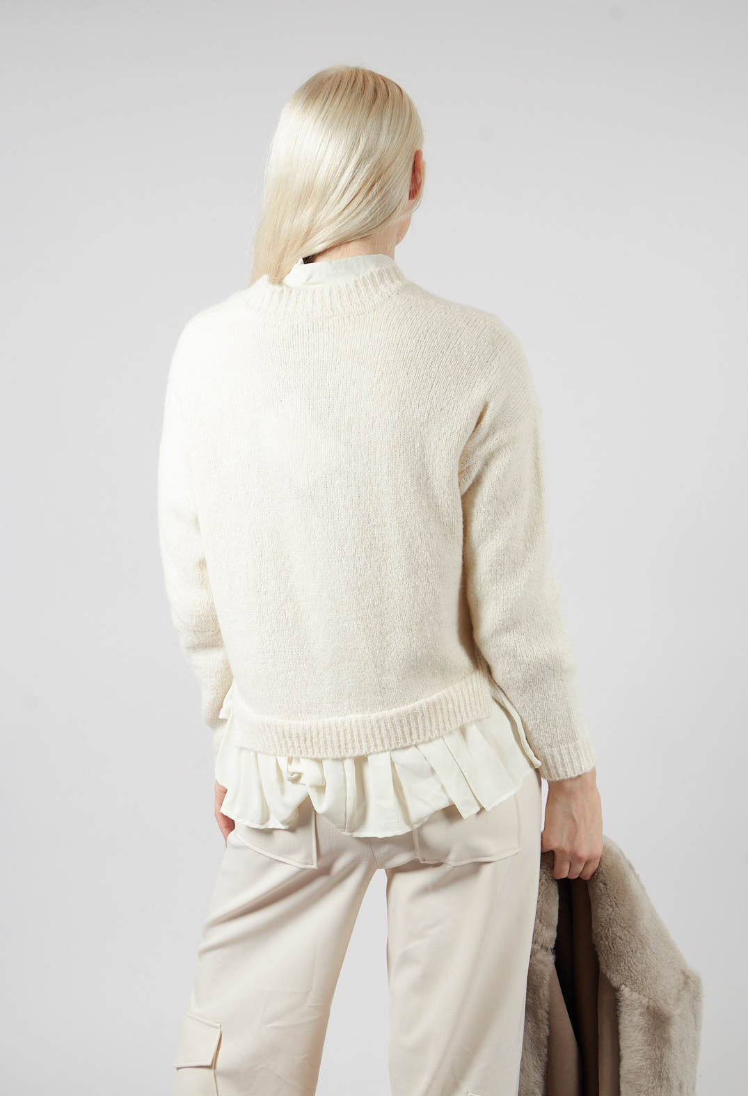 Knitted Cardigan with Frill Hem in White Wool
