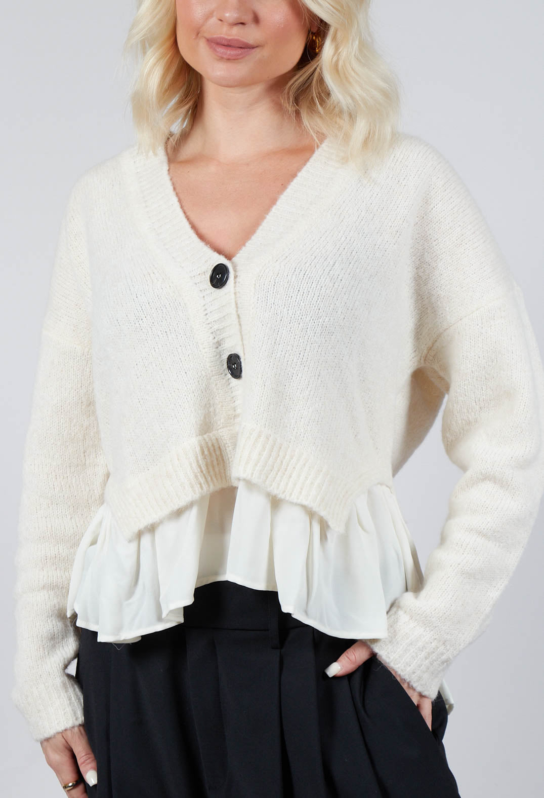 Knitted Cardigan with Frill Hem in White Wool