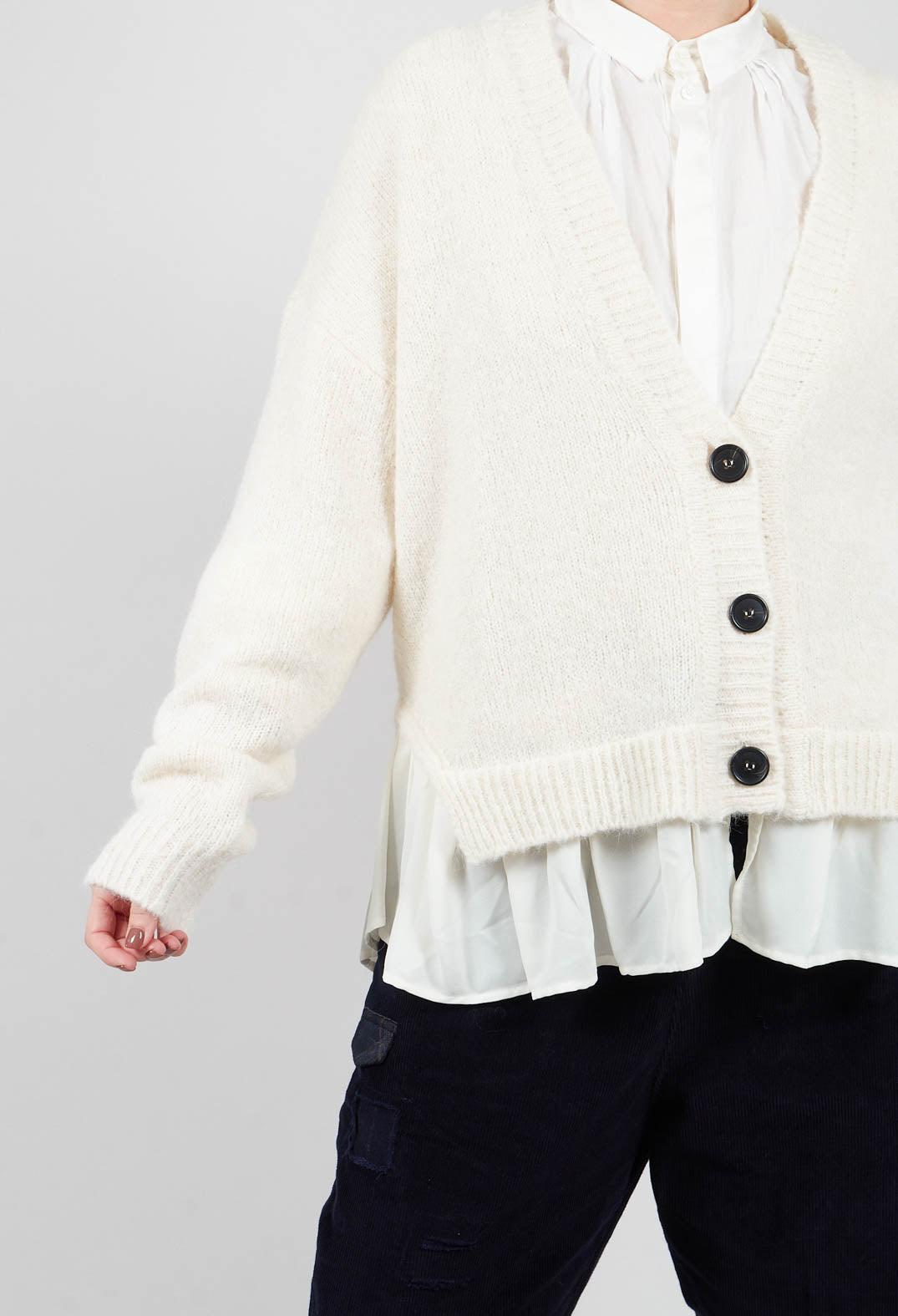 Mei Meij Knitted Cardigan with Frill Hem in White Wool – Olivia May