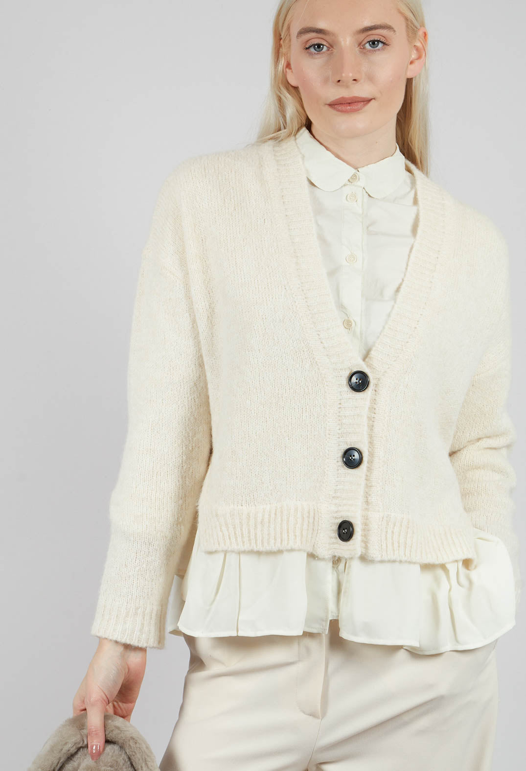 Knitted Cardigan with Frill Hem in White Wool