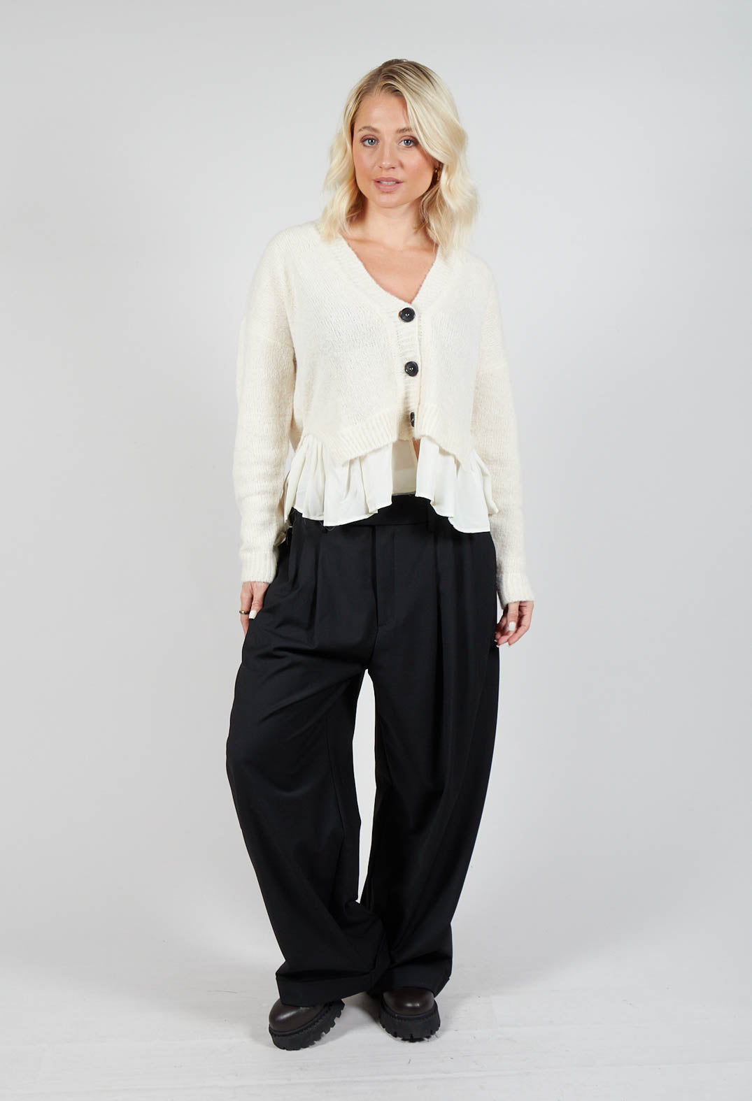 Knitted Cardigan with Frill Hem in White Wool