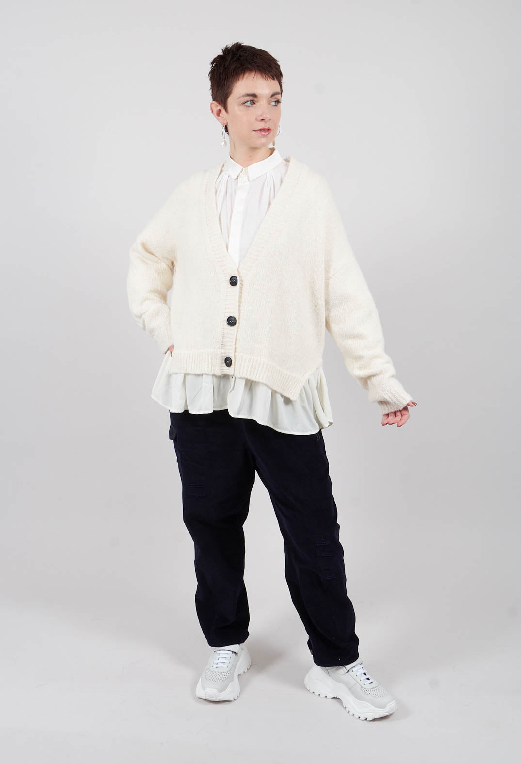 Mei Meij Knitted Cardigan with Frill Hem in White Wool – Olivia May