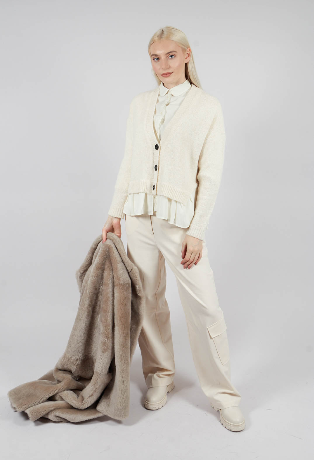 Knitted Cardigan with Frill Hem in White Wool – Olivia May