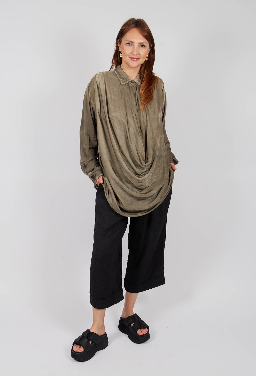 Ruched Shirt Dress in Raso di Viscosa and Viscosa Seta Green Tuscany