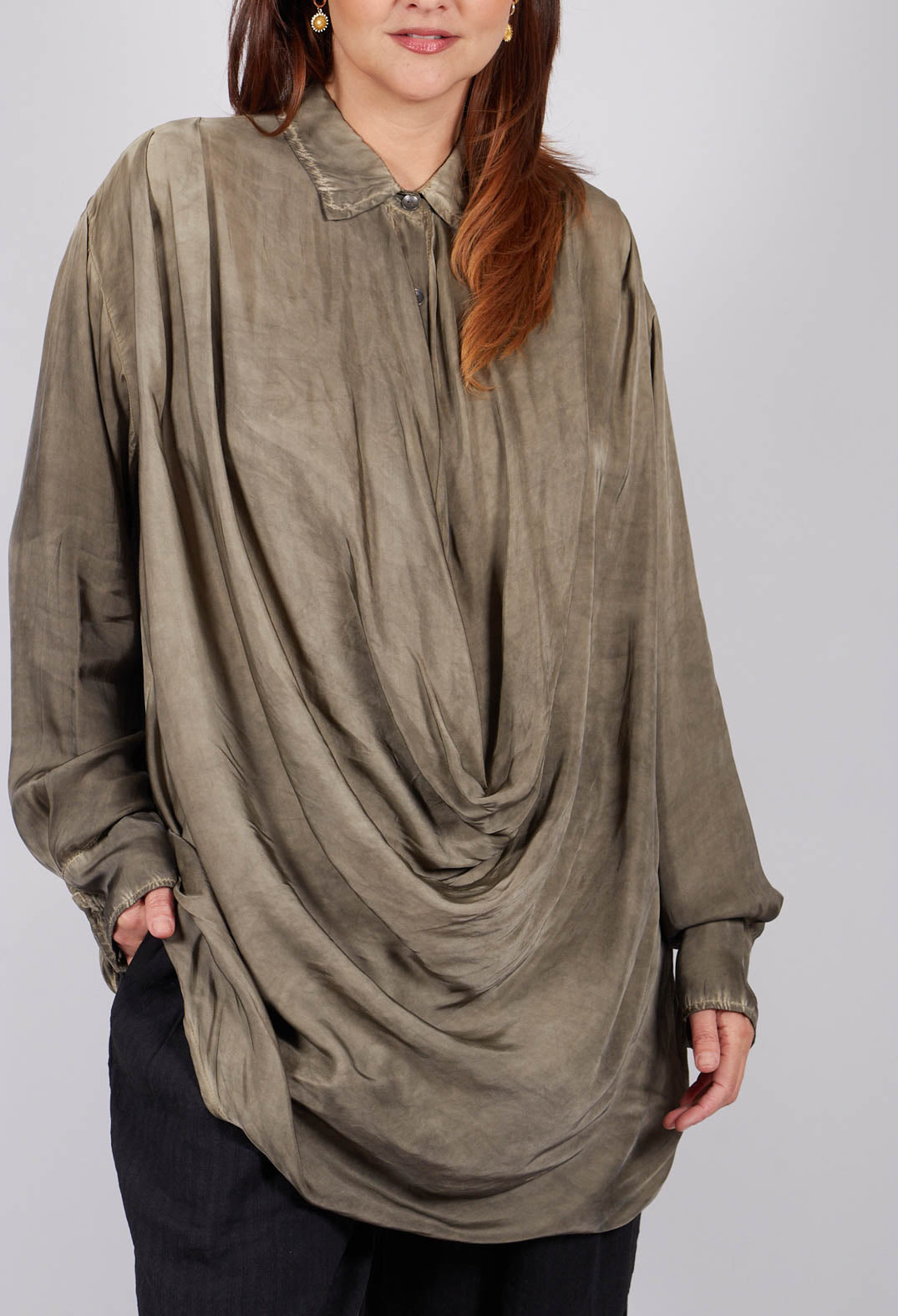 Ruched Shirt Dress in Raso di Viscosa and Viscosa Seta Green Tuscany