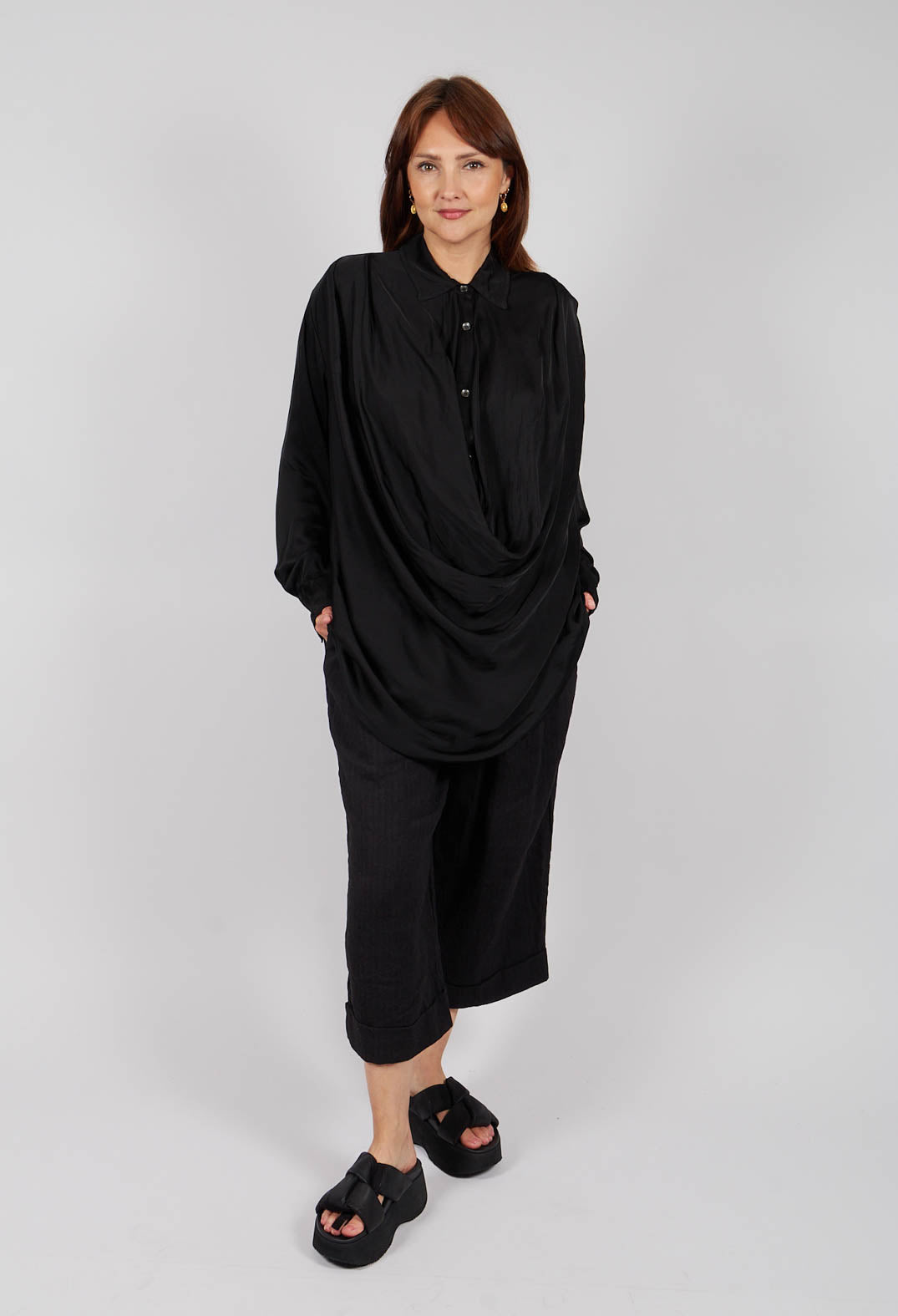 Ruched Shirt Dress in Raso di Viscosa and Viscosa Seta Nero