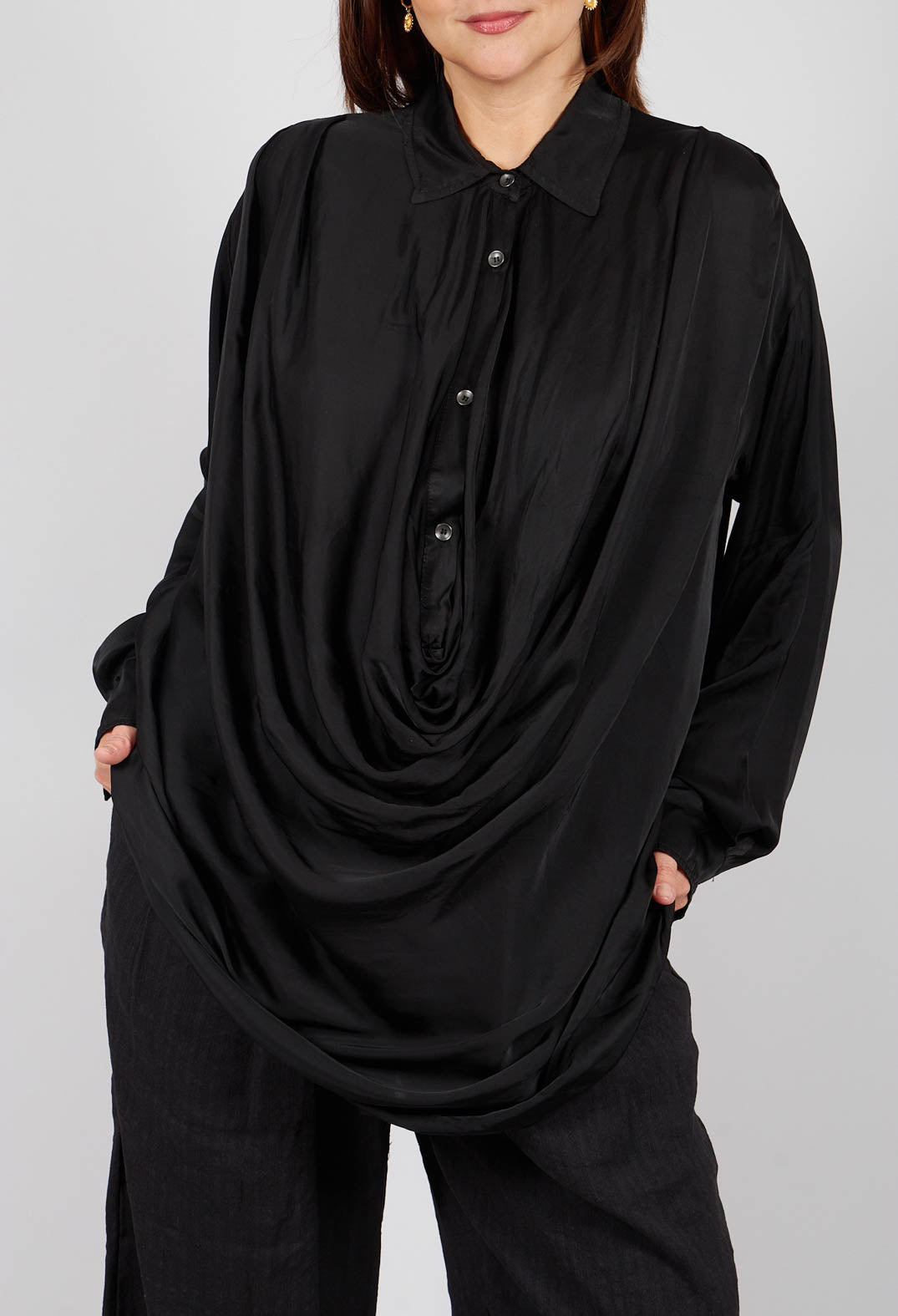 Ruched Shirt Dress in Raso di Viscosa and Viscosa Seta Nero