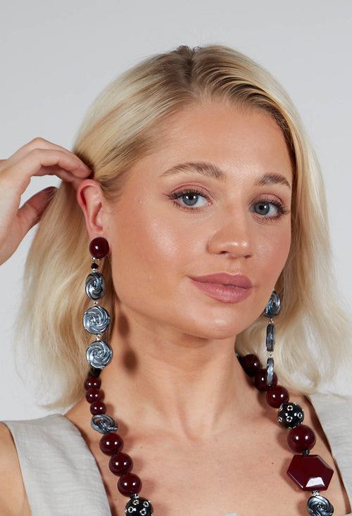 Three Pendant Part Earrings in Tornado Burgundy