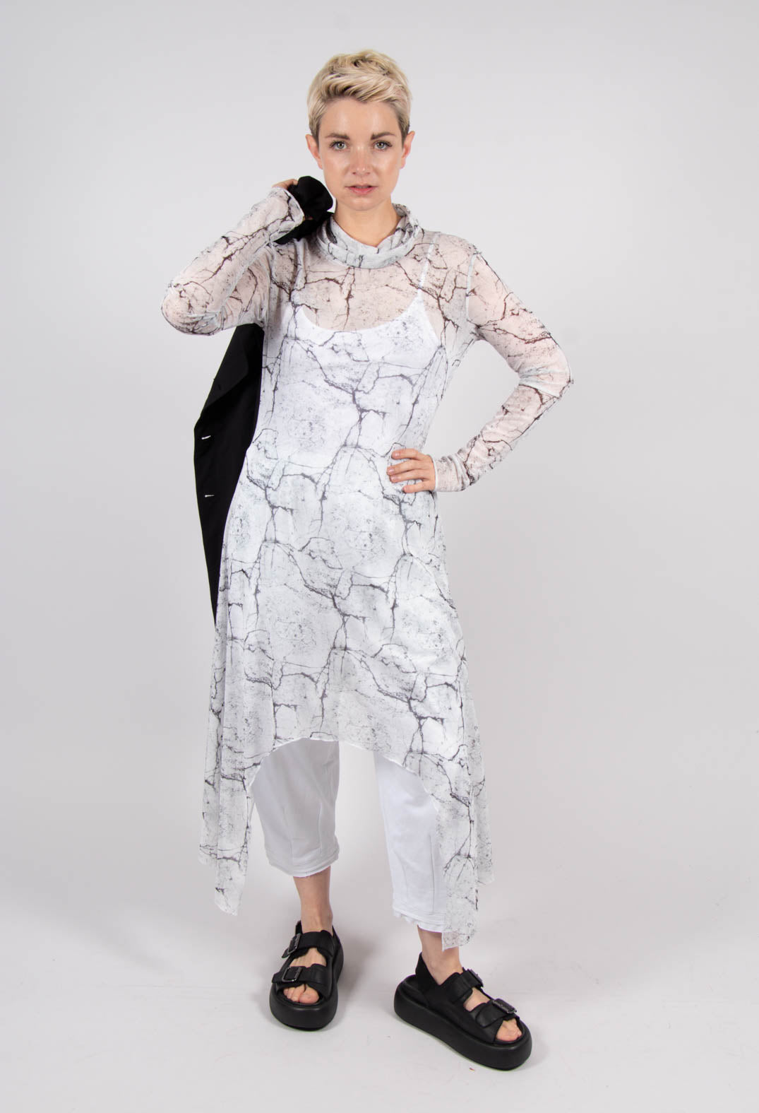 La Haine Asymmetrical Sheer Dress in White Print La Haine Asymmetrical Sheer Dress in White Print