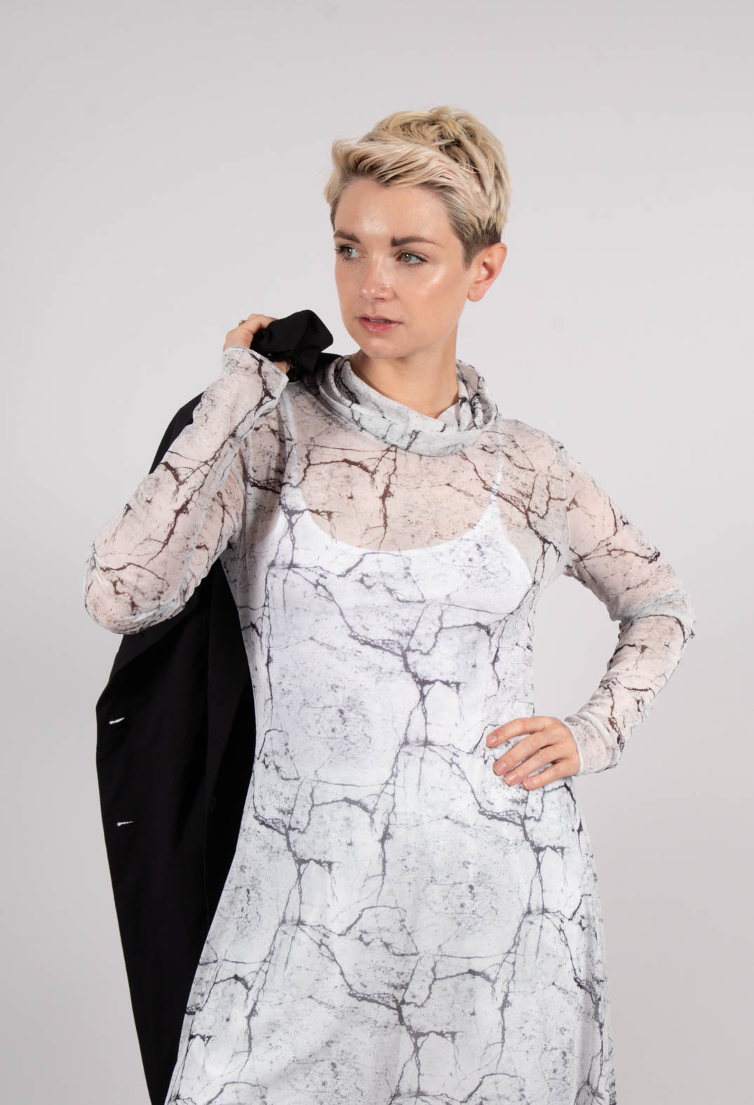 La Haine Asymmetrical Sheer Dress in White Print La Haine Asymmetrical Sheer Dress in White Print