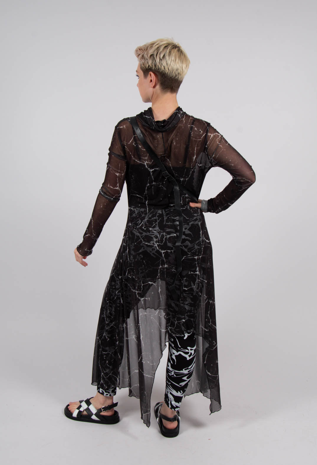 Asymmetrical Sheer Dress in Black Print