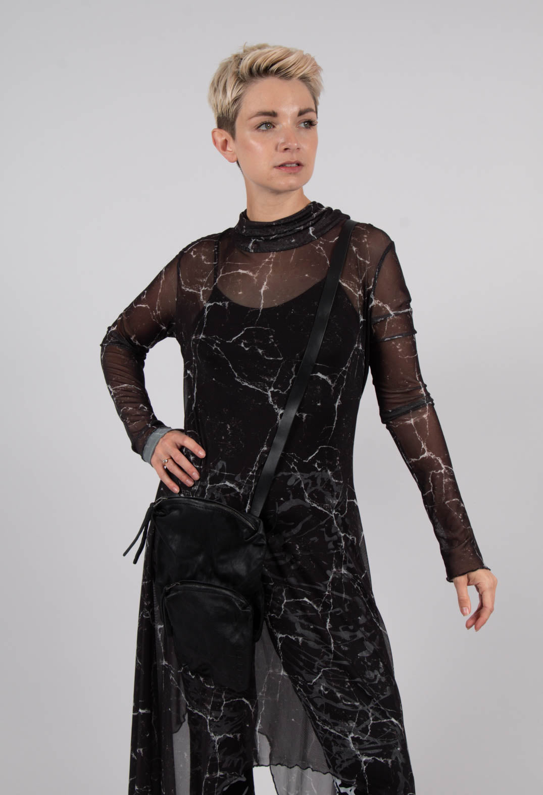 Asymmetrical Sheer Dress in Black Print