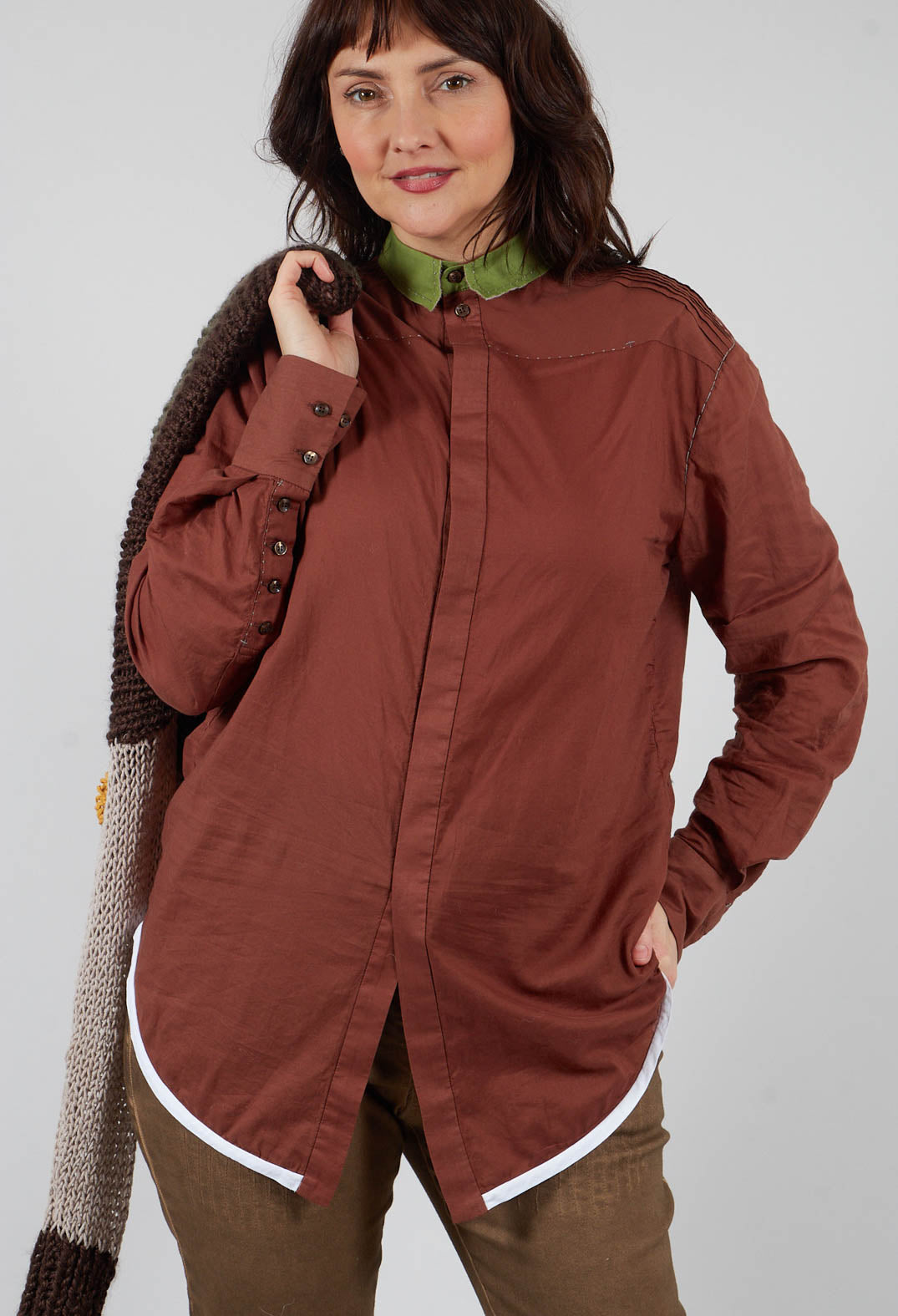 Longline Cotton Shirt in Brown