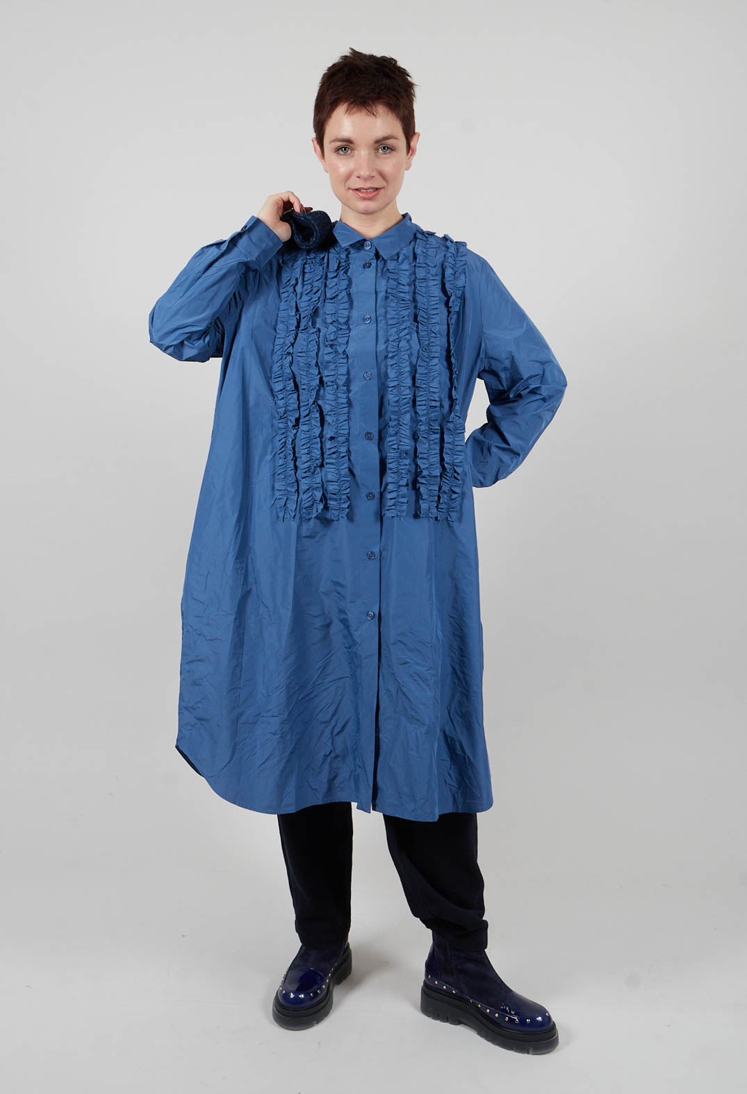 Light Taffeta Long Blouse with Ruffles in Blue