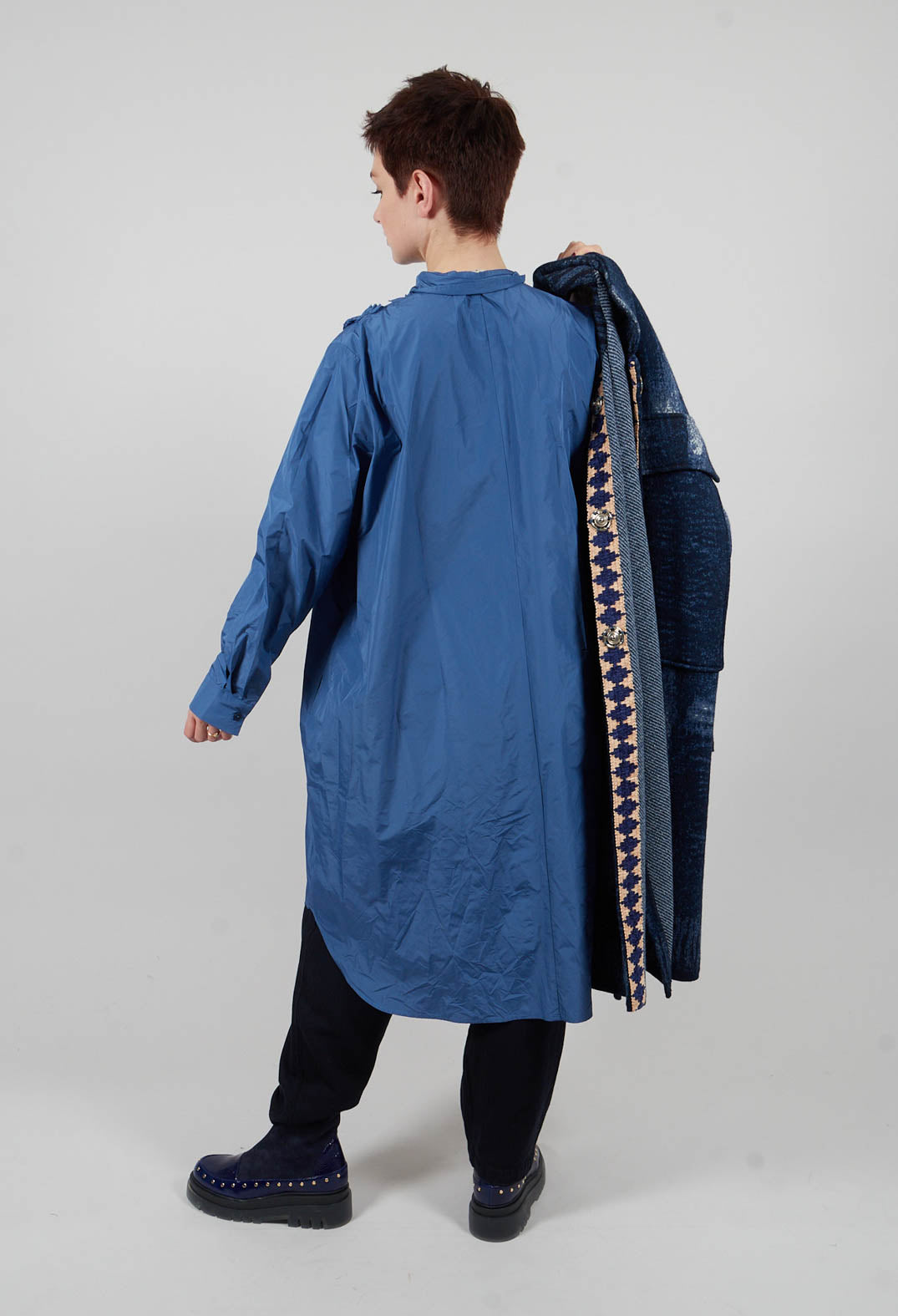 Light Taffeta Long Blouse with Ruffles in Blue