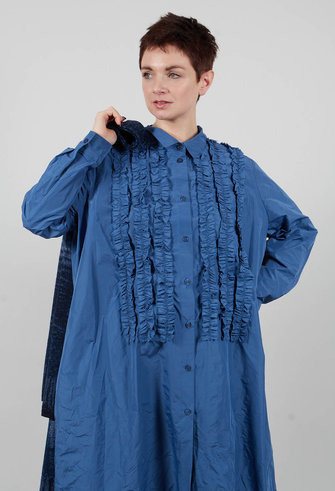 Light Taffeta Long Blouse with Ruffles in Blue