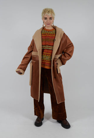Reversible Long Faux Fur and Suede Coat in Tan and Biscuit
