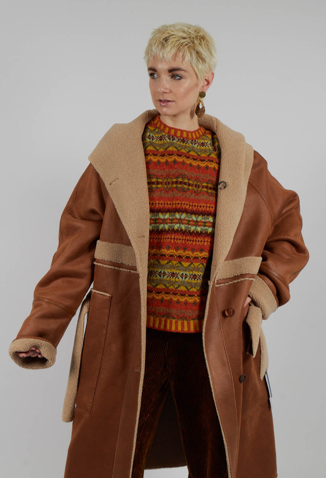 Reversible Long Faux Fur and Suede Coat in Tan and Biscuit
