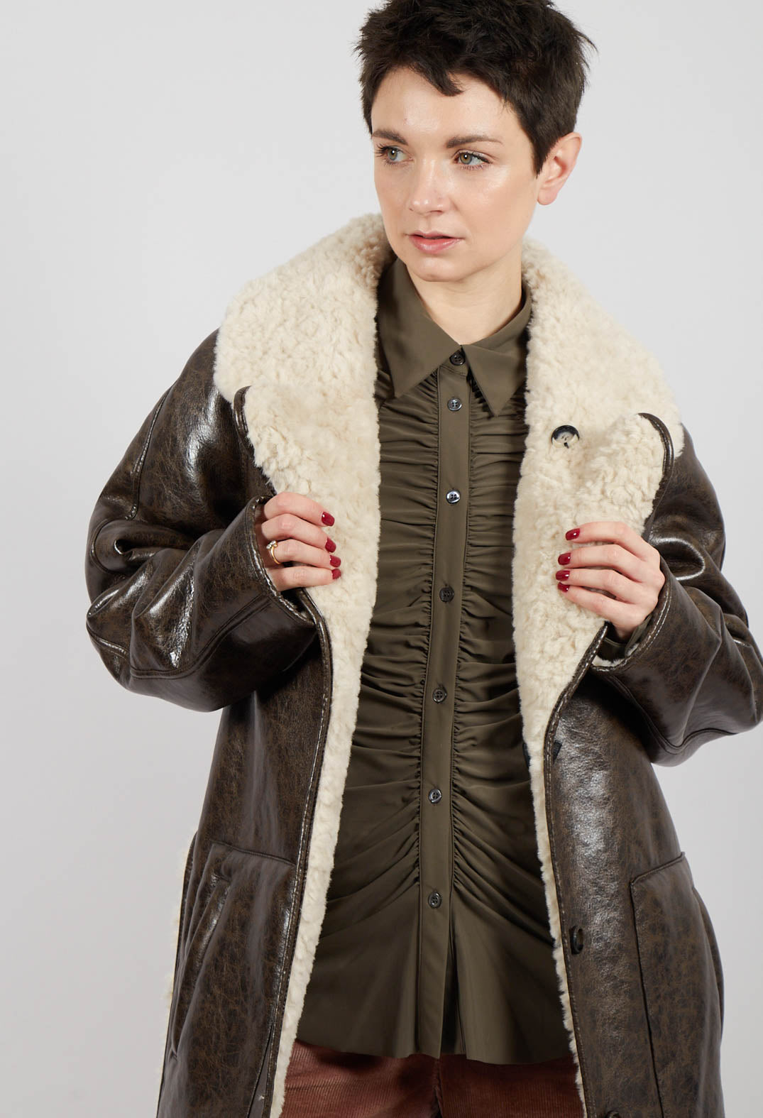 Reversible Faux Fur and Suede Jacket in Khaki Crackle