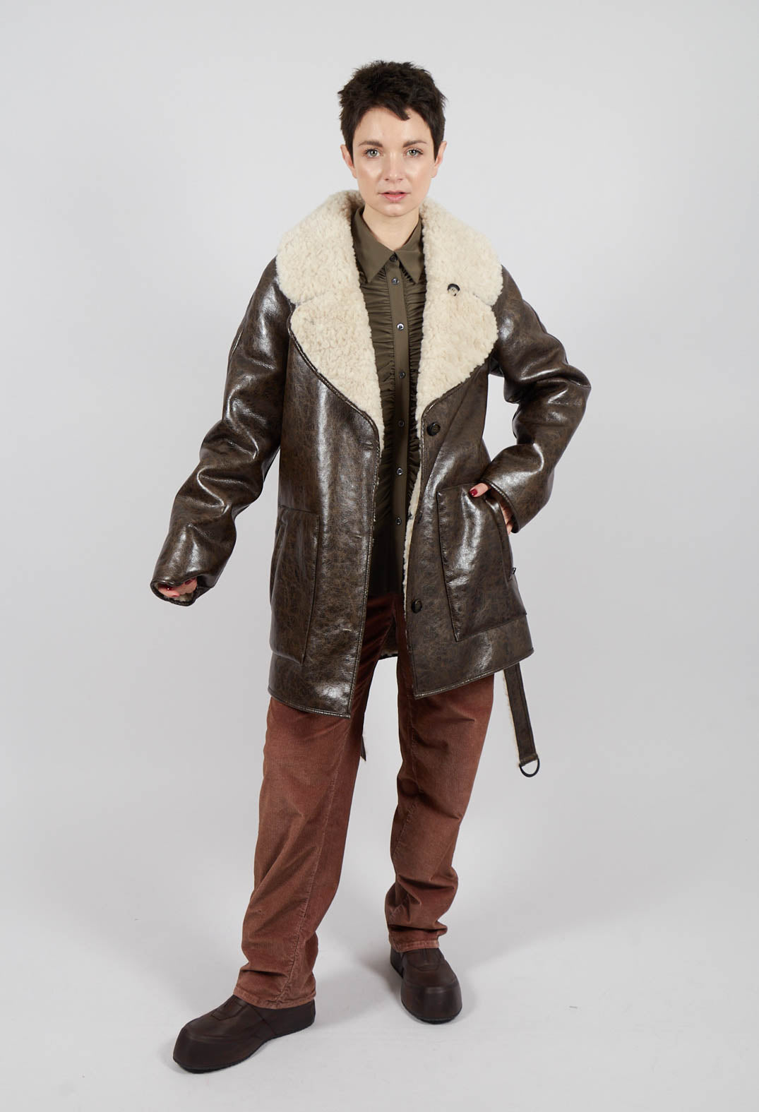 Reversible Faux Fur and Suede Jacket in Khaki Crackle