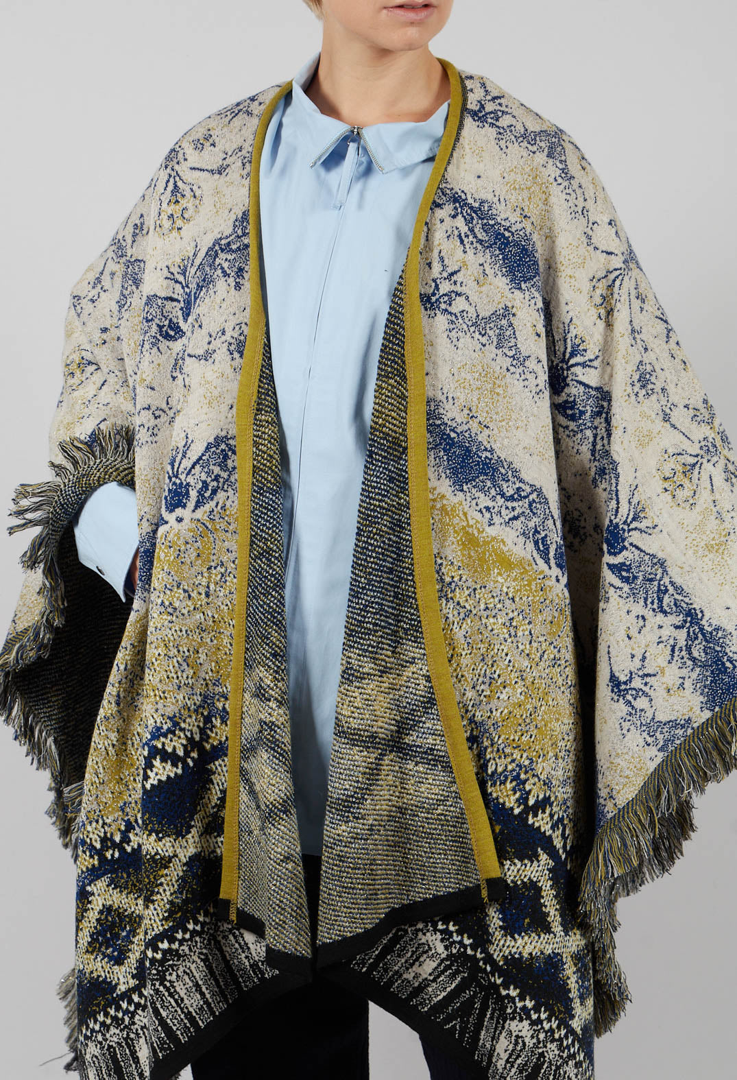 Open Front Cape in Beige and Navy Pattern