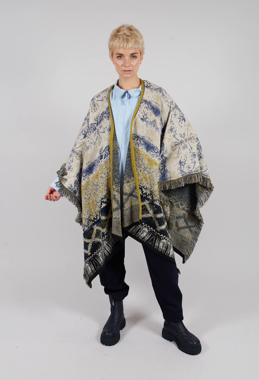 Open Front Cape in Beige and Navy Pattern