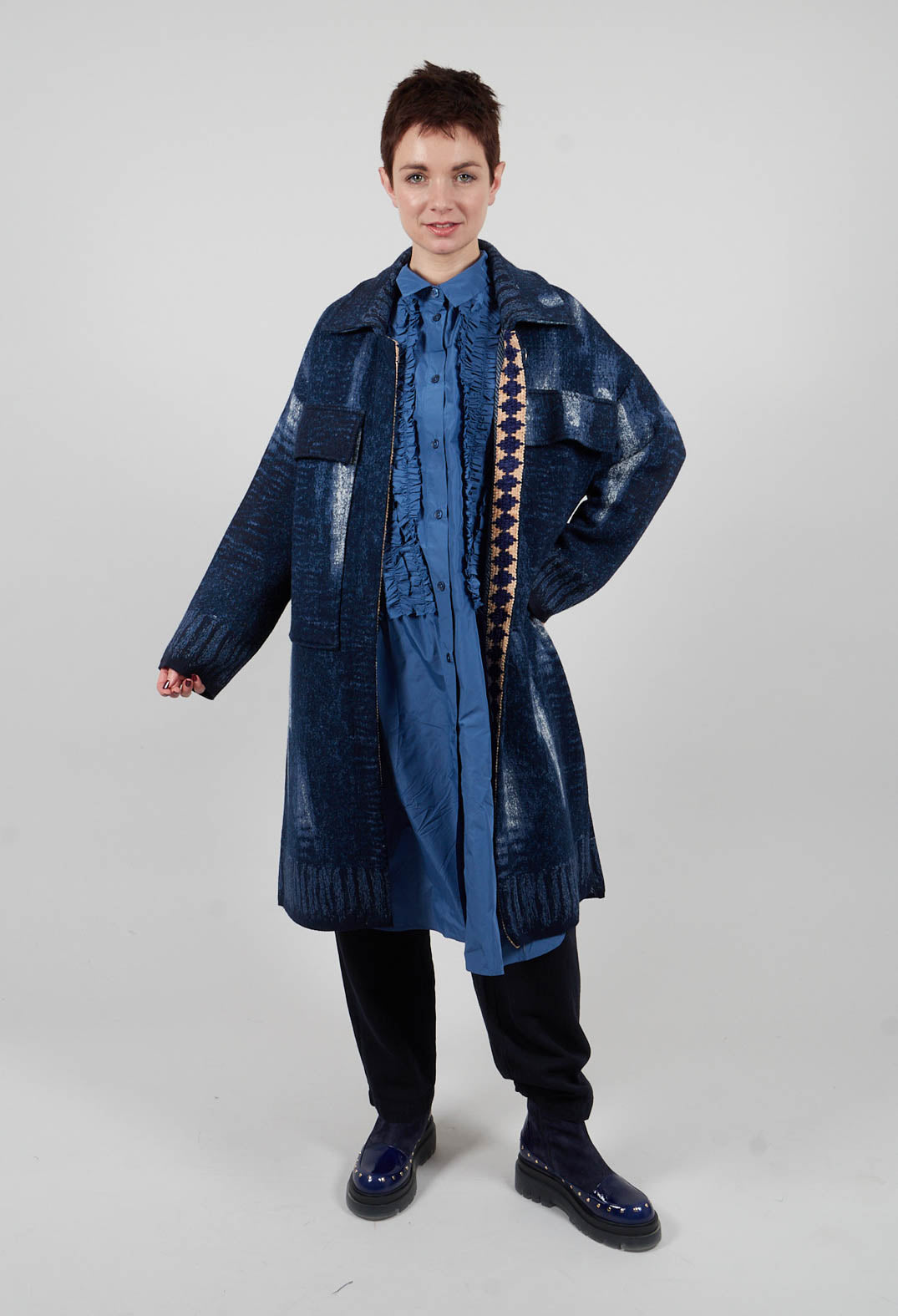 Longline Coat in Blue Denim Effect Print