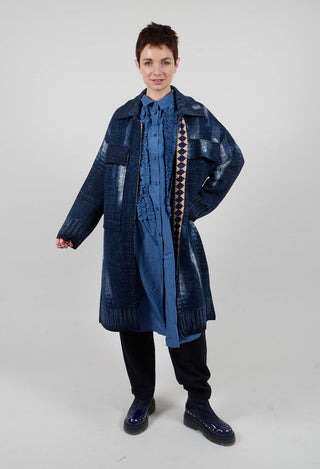 Longline Coat in Blue Denim Effect Print