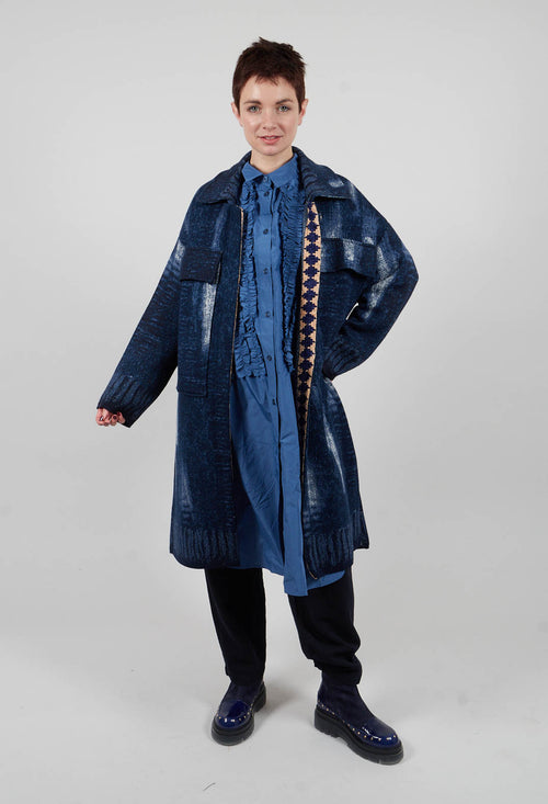 Longline Coat in Blue Denim Effect Print