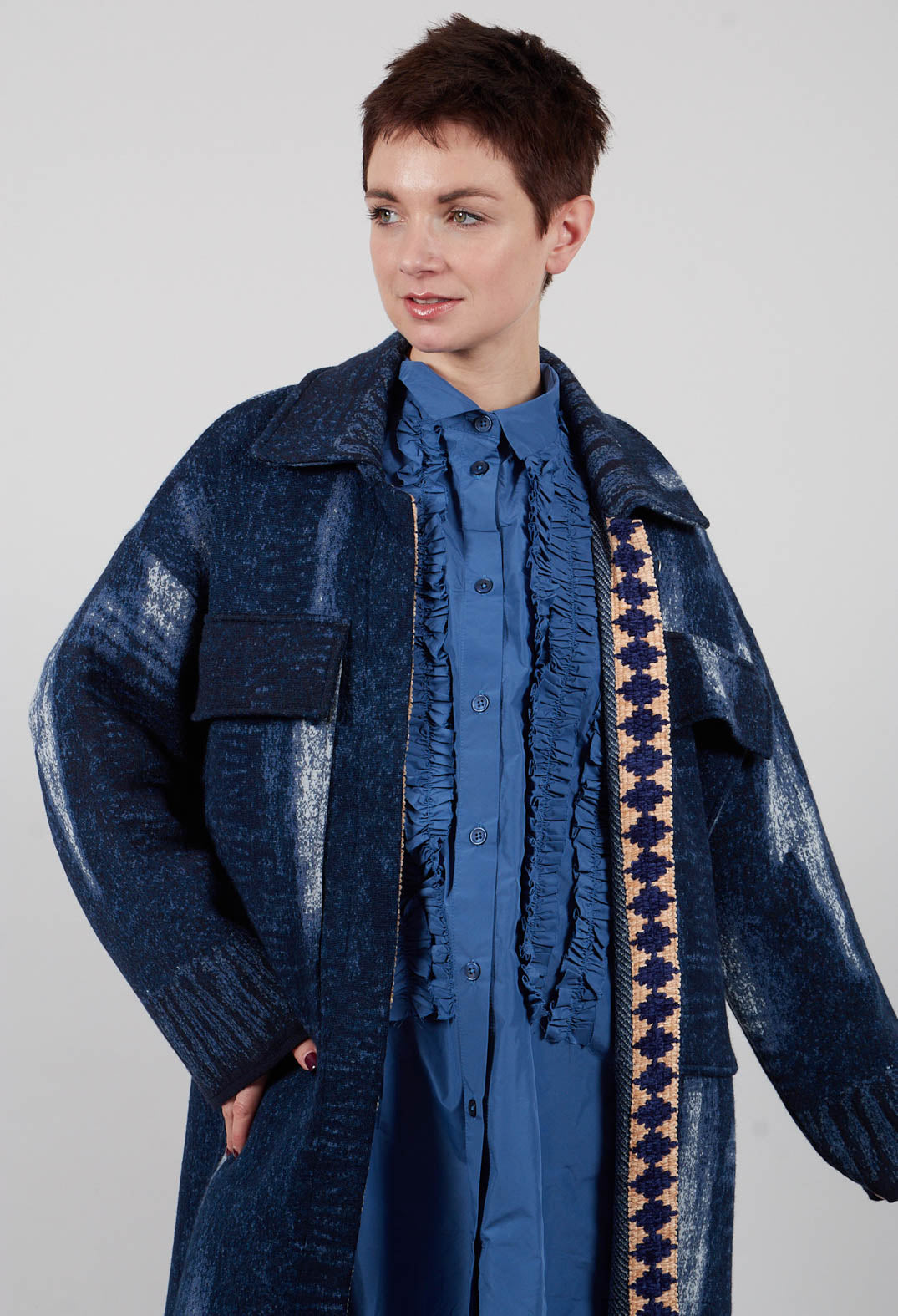 Longline Coat in Blue Denim Effect Print