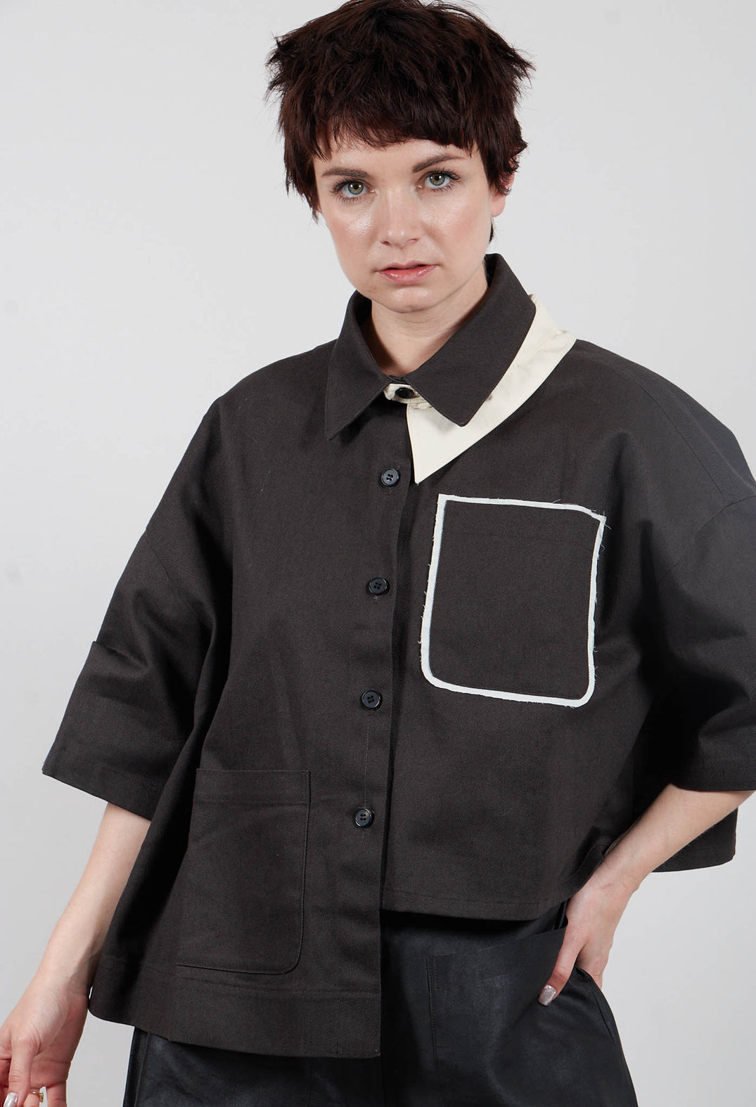 Asymmetrical Cropped Shirt in Charcoal