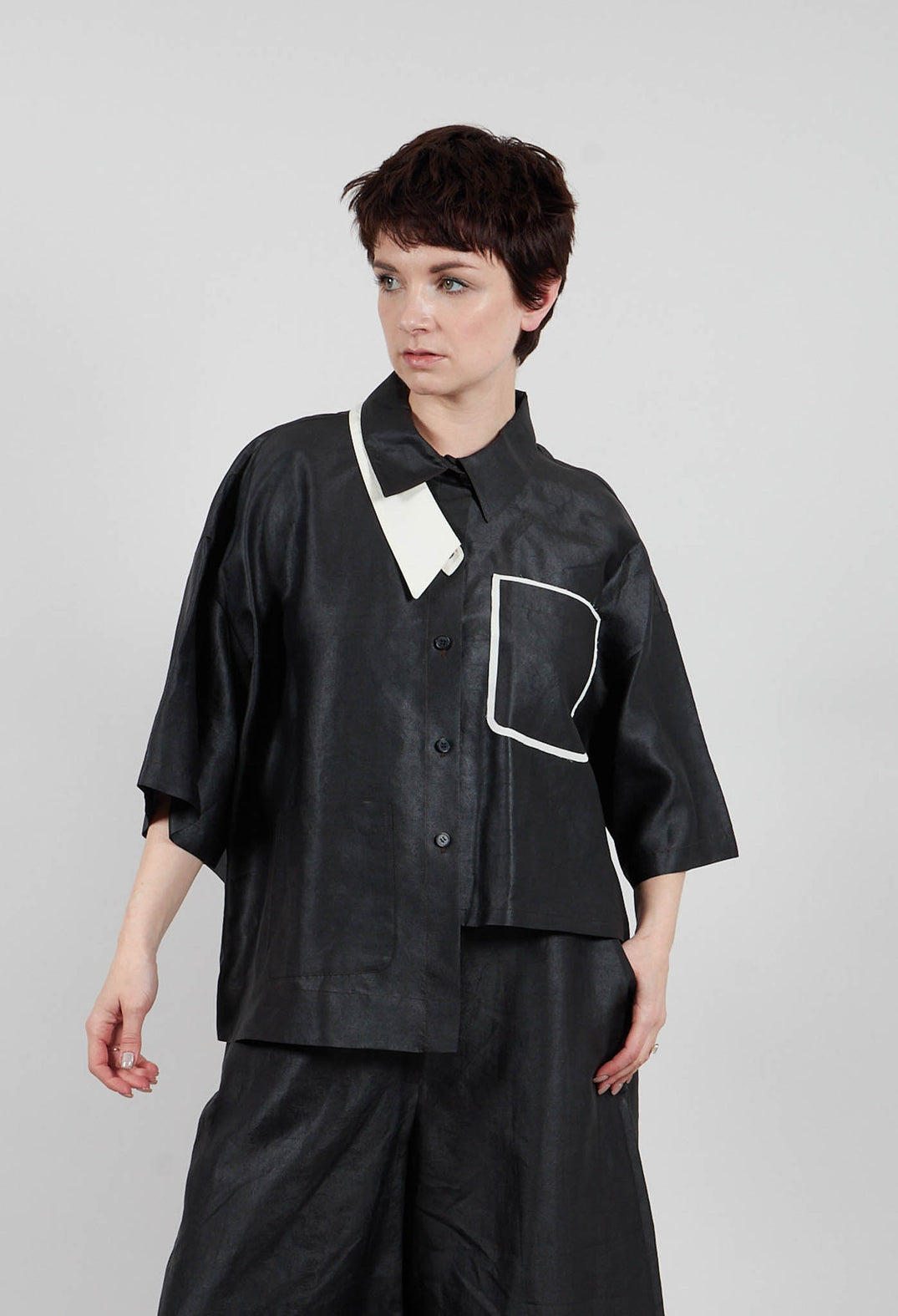 Asymmetric Silk Cropped Shirt in Black