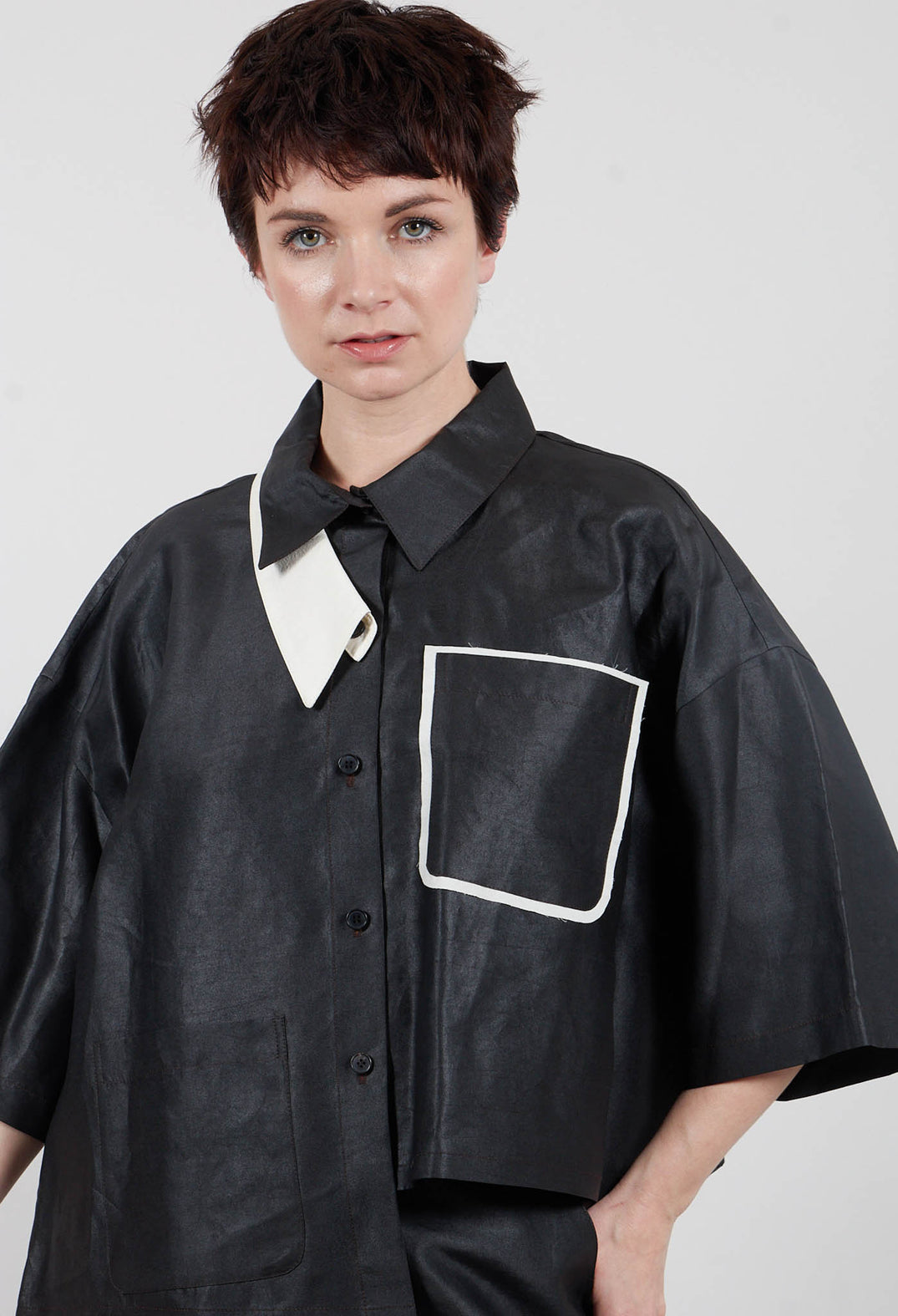 Asymmetric Silk Cropped Shirt in Black
