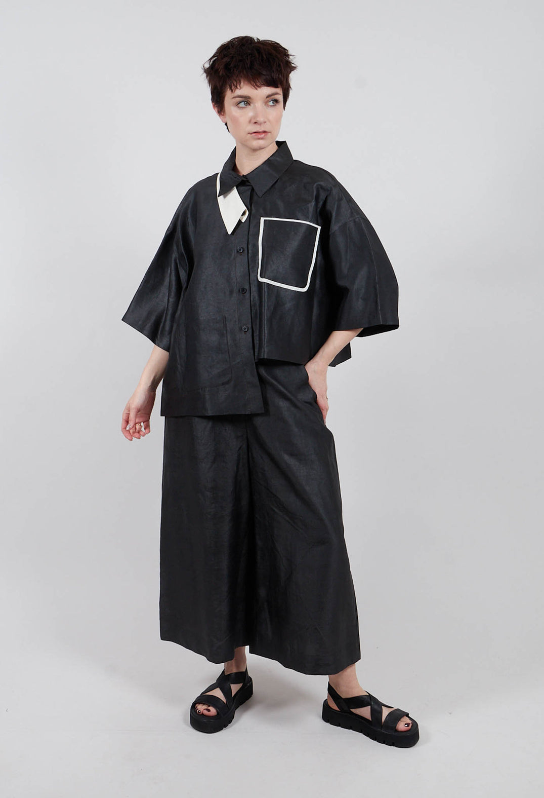 Asymmetric Silk Cropped Shirt in Black