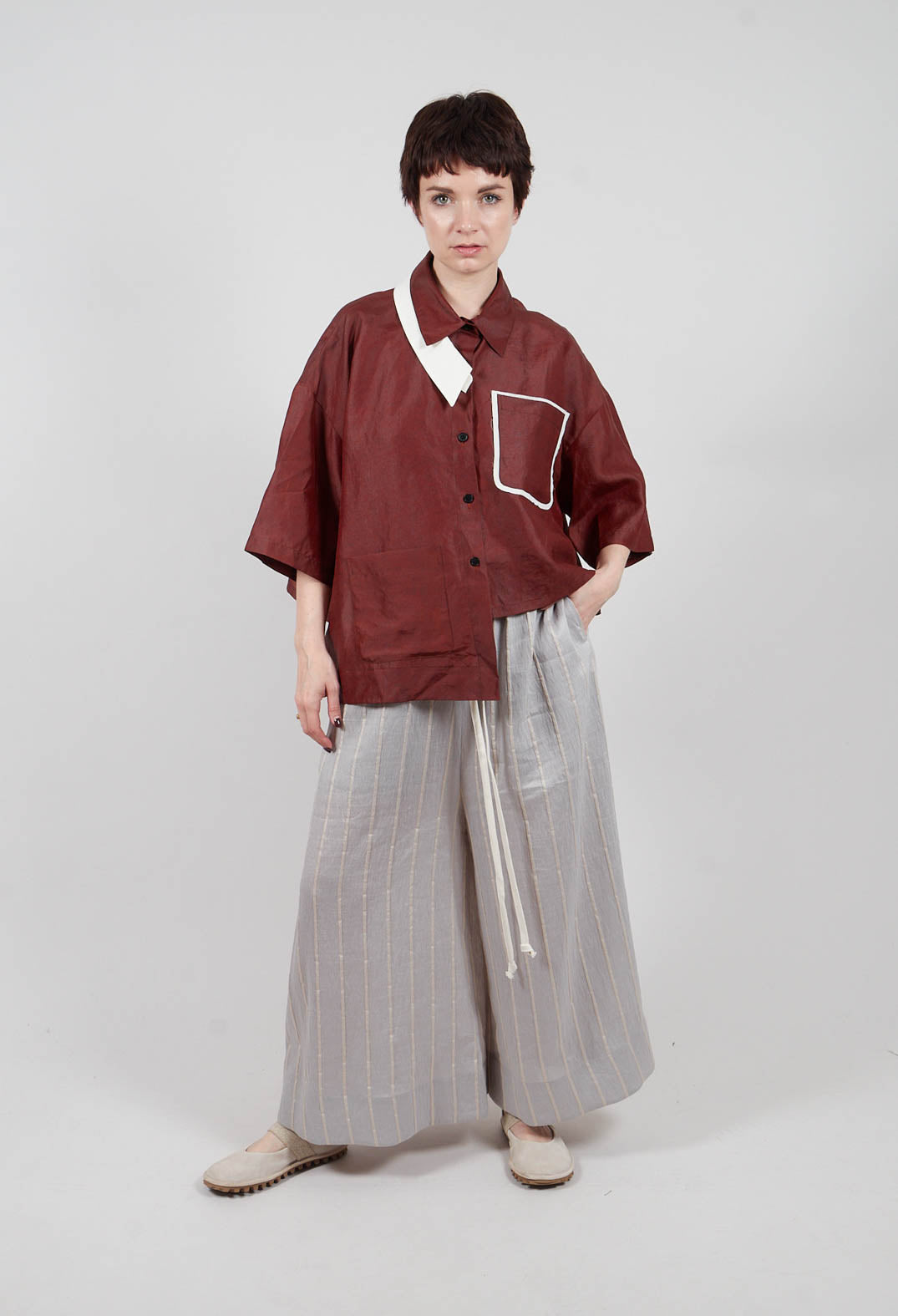 Asymmetric Silk Cropped Shirt in Copper