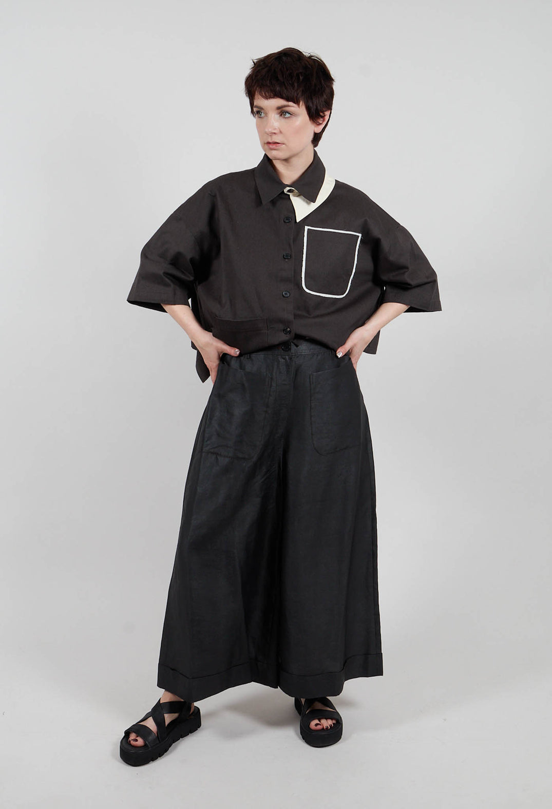 Wide Leg Silk Trousers in Black