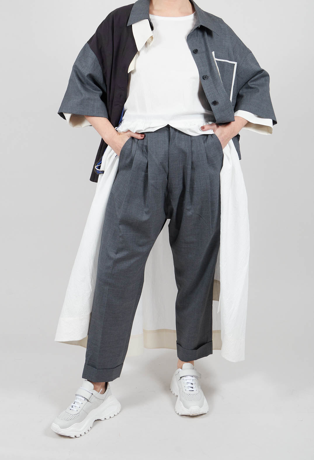 Pleated Wool Trousers in Grey Blue