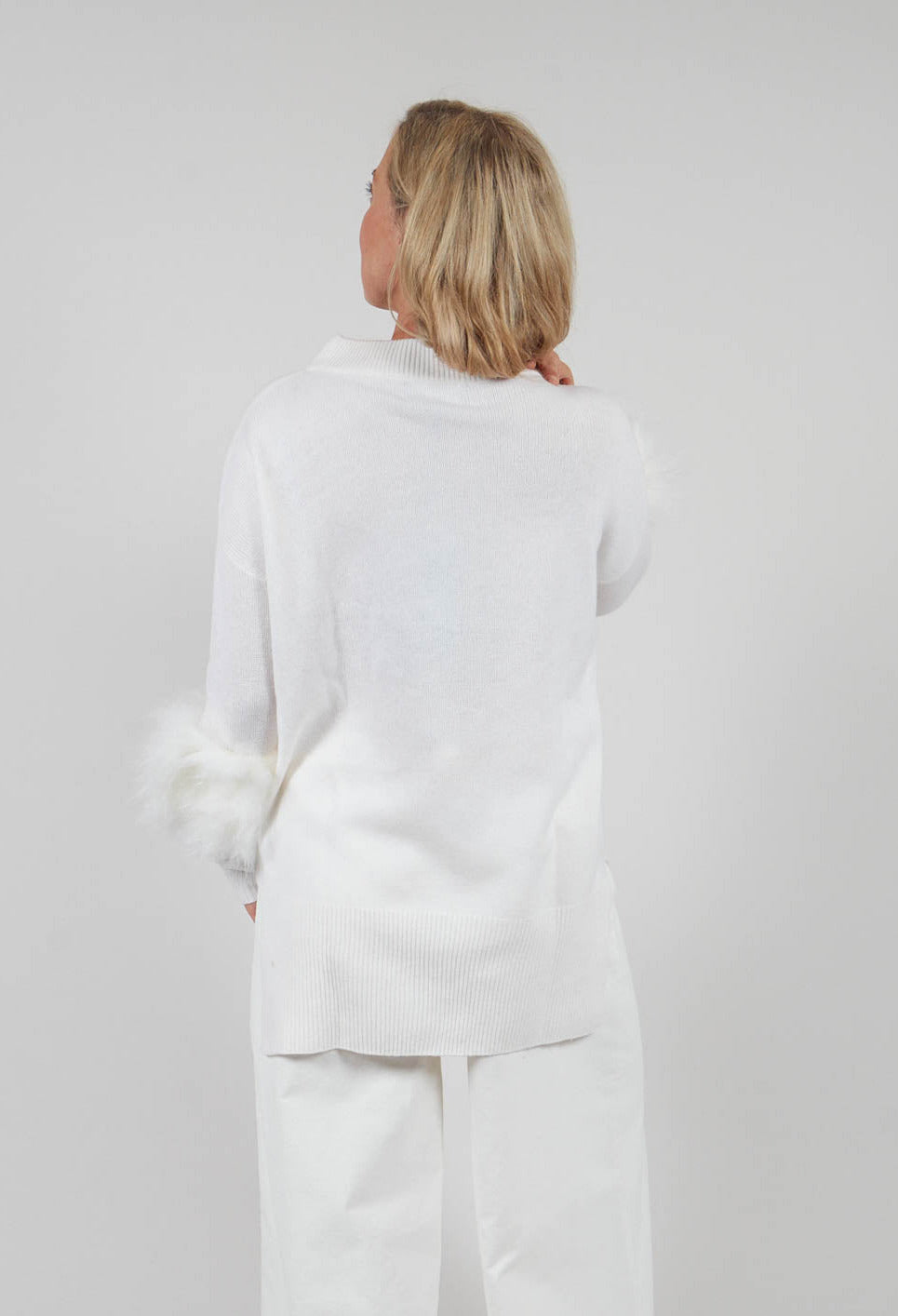 Wool Jumper with Sheepskin trim Sleeves in Pearl