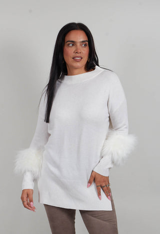 Wool Jumper with Sheepskin trim Sleeves in Pearl