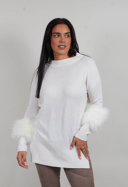 Wool Jumper with Sheepskin trim Sleeves in Pearl
