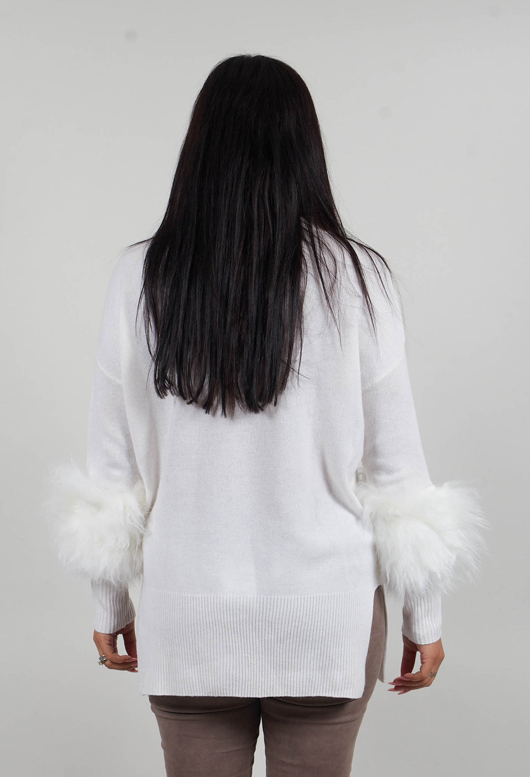Wool Jumper with Sheepskin trim Sleeves in Pearl