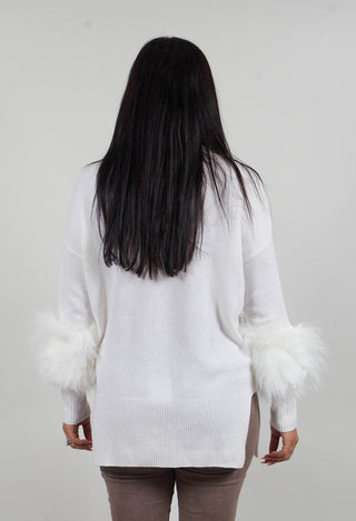 Wool Jumper with Sheepskin trim Sleeves in Pearl